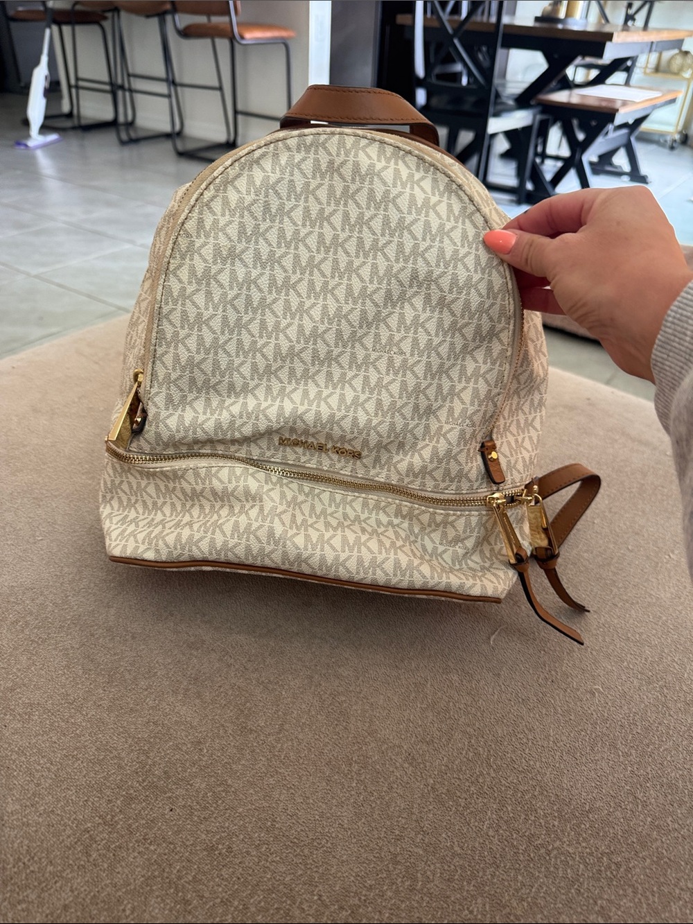 Michael Kors Cream MK Logo Mini Backpack with Tan Trim